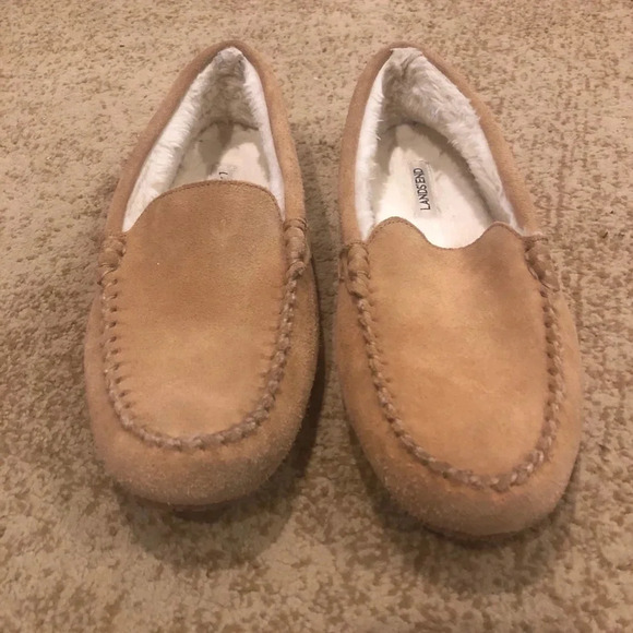 Lands end bedroom slippers/tan fur lined -sz 10 - Picture 1 of 4